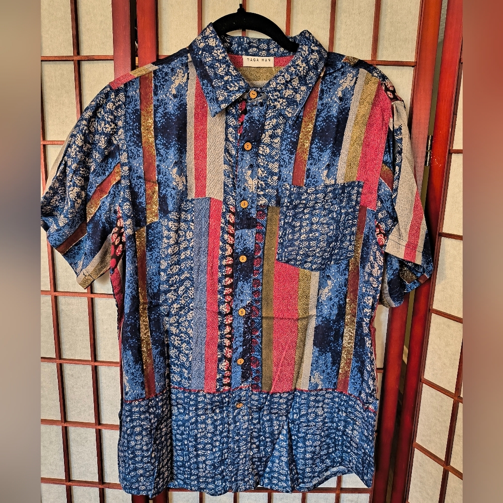 RAGA MAN Colorful Striped Button-Up Shirt—Size Medium